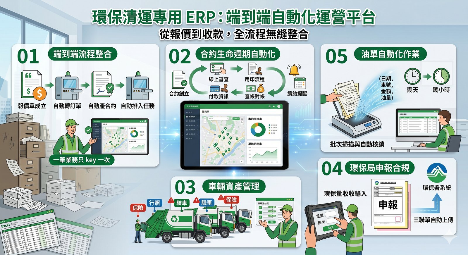 環保清運專用 ERP 端到端自動化運營平台 — 報價、合約、車輛、環保局申報、油單 5 大模組視覺說明 | SRich 祥富數位
